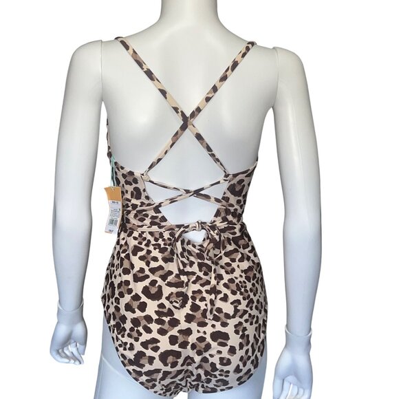 Kona Sol Womens Swimsuit One-Piece Leopard Print Crisscross Straps Brown M(8-10) - Picture 2 of 10
